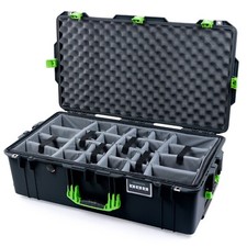 Black  Lime Green Pelican 1615 Air case with grey CVPKG Dividers. With wheels.