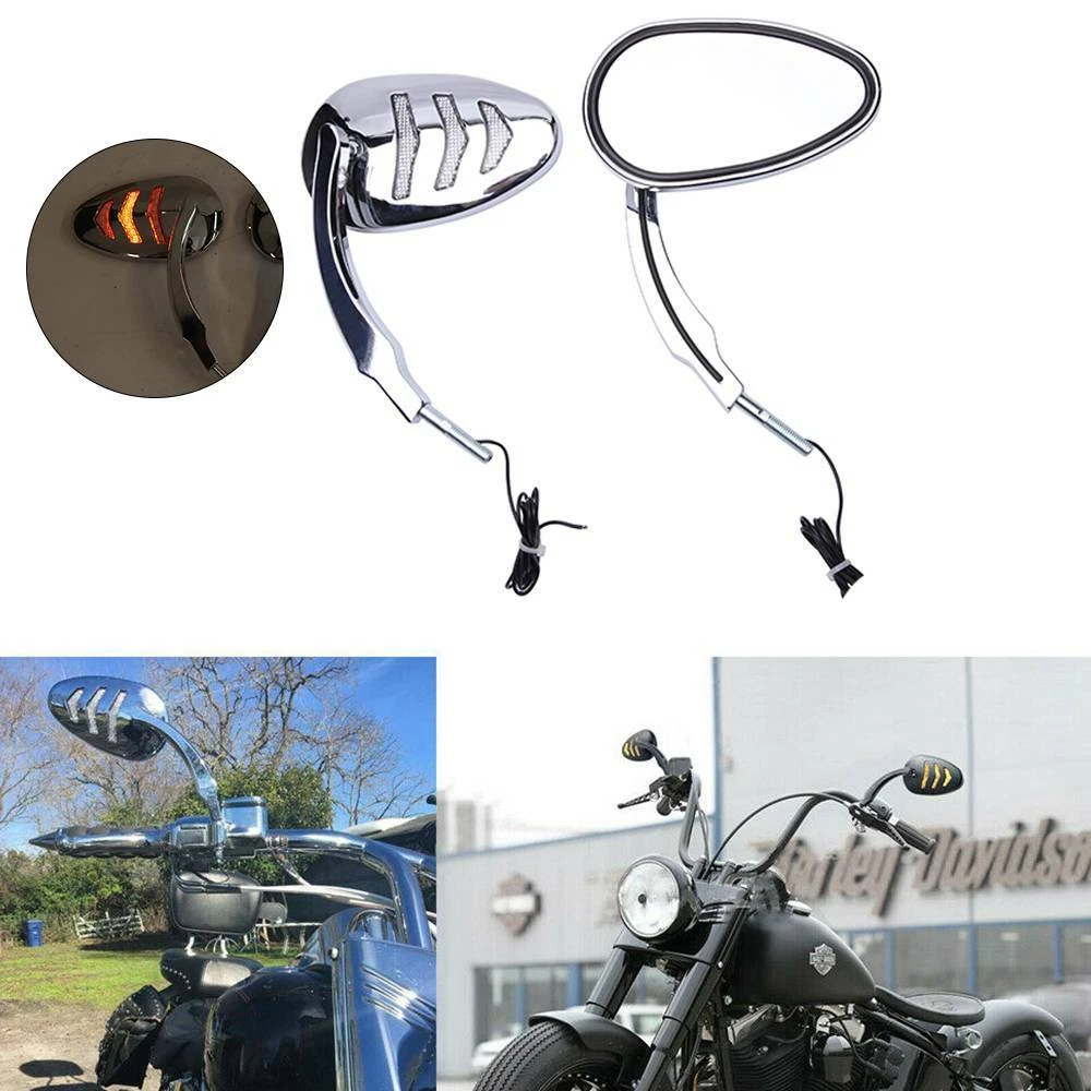 Chrome Motorcycle Mirror With LED Turn Signal For Harley Davidson Road King Dyna
