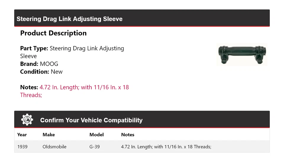 Manguito de ajuste de enlace de arrastre de dirección para Oldsmobile G-39 1939 MOOG Foto 2 de 4