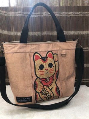 Handmade 2-way Japanese Persimmon-Dyed Tote Manekineko Lucky cat Remake New