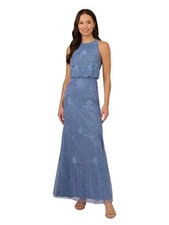NWT Adrianna Papell French Blue Beaded Sequin Blouson Maxi Gown Dress Siz 4 $229