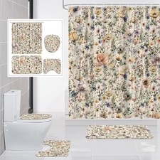 4 Pcs Boho Floral Shower Curtain Set, Vintage Wildflower Bathroom Decor with
