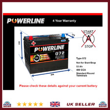 Car Battery 072 Powerline 072 480A 53Ah 4Yr Warranty 266x175x220