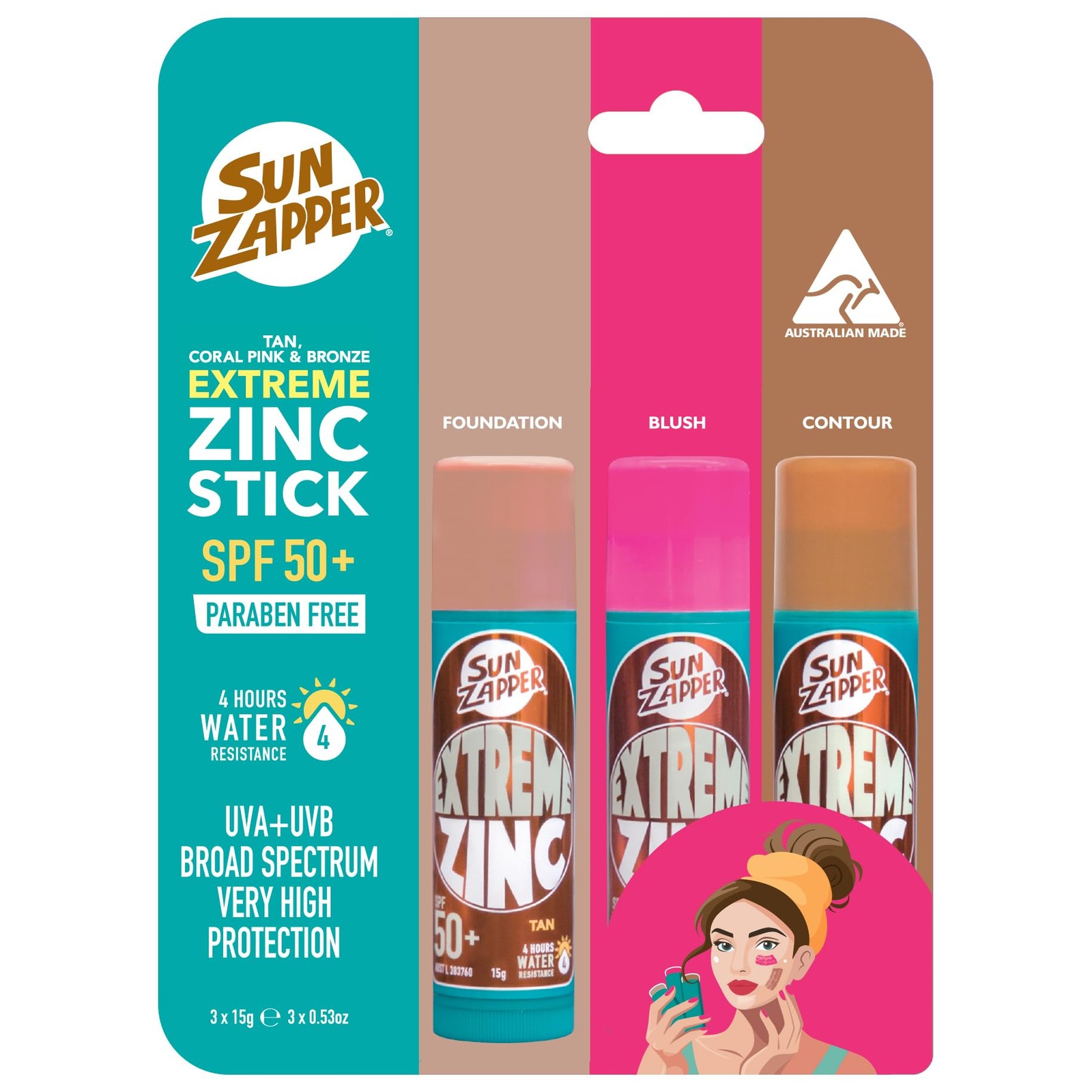 Sun Zapper Extreme Zinc Sunscreen Stick Beauty 3-Pack SPF 50+ Tan Bronze Coral