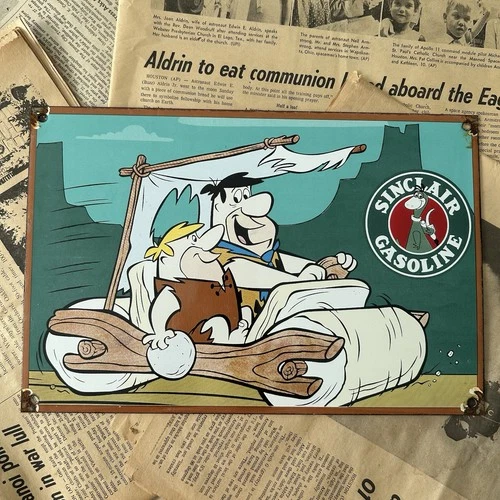 VINTAGE SINCLAIR GASOLINE FLINTSTONES 8X12 INCHES PORCELAIN ENAMEL SIGN