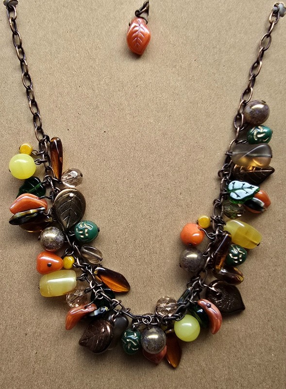 Vintage Fruit Salad Beaded Necklace Czech Glass Leaf Charms 