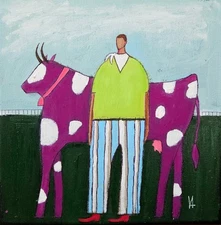 Painting Original Cowboy Cow Portrait Canvas Outsider Whimsical 10x10 Art 