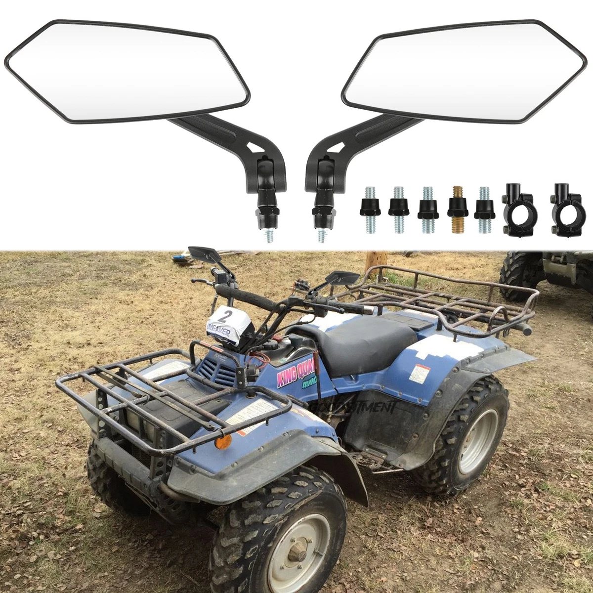 Coppia Specchietti Omologati Per Suzuki King Quad LTA 400/450/700/750 ATV. Set Completo Destro E Sinistro Con Adattatori M10 X 1,25.