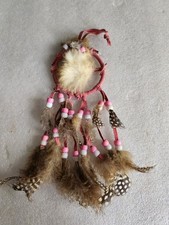 Pink and White Mini Dream Catcher with Brown Feathers   9" Long 3" Wide