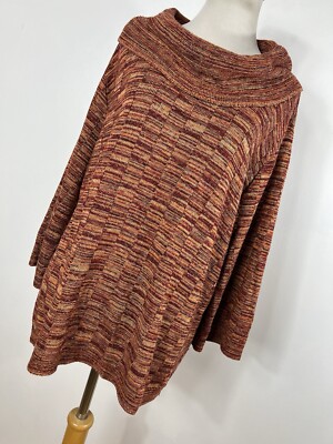 CJ Banks 1X Sweater Red Tan Cowl Neck 3/4 Sleeve Lightweight Acrylic Woman H7