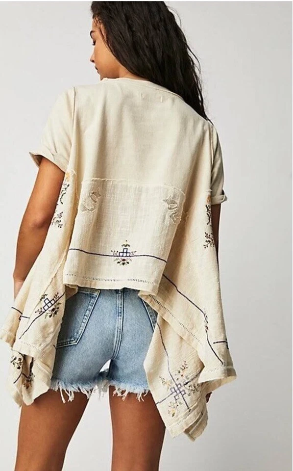 Camiseta Free People Keeping It Folk Bordada Floral Dobladillo Alto Fray Bronceado Combo S NUEVA Foto 3 de 4