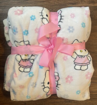 Hello Kitty Easter Spring Blanket Throw Twin Pink  Blue Flowers 60 x 90