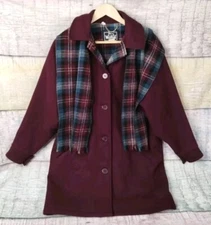 VTG Woolrich Woman Purple Coat W/Blue-Purple Plaid 100% Wool Jacket + Scarf Sz S