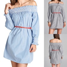 Women's Striped Off the Shoulder Short Dress with Red Belt