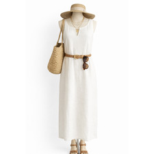 Linen Blend Midi Shift Dress Coastal Minimalist Travel Graduation Medium