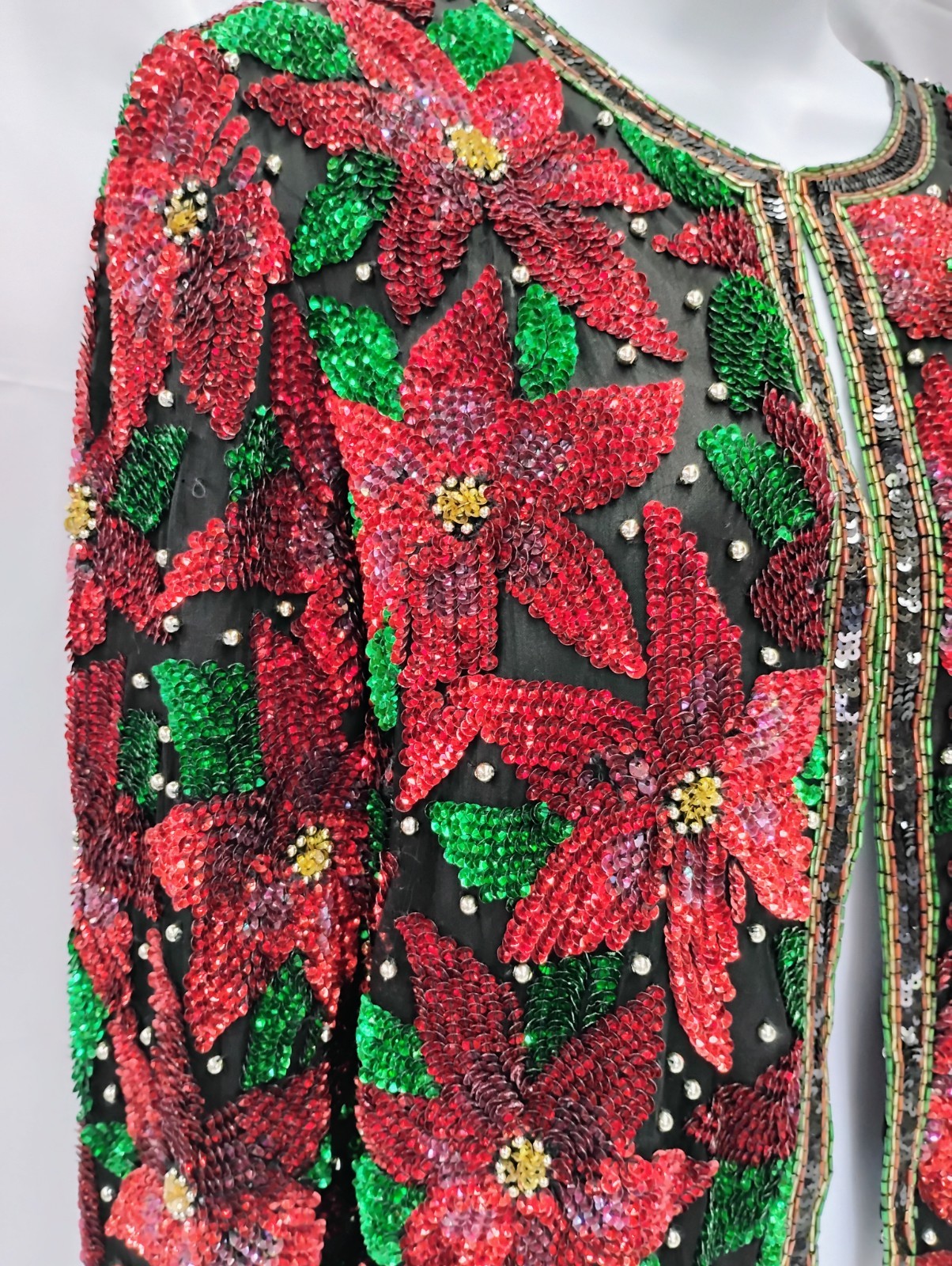 Laurence Kazar Paris New York Vintage Poinsettia Sequin Jacket Size Small