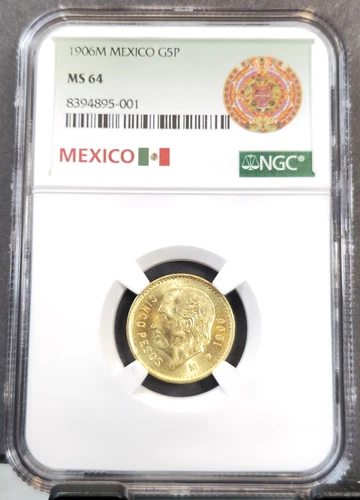 1906 MEXICO GOLD 5 PESOS G5P HIDALGO NGC MS 64 RARE BEAUTIFUL BU COIN