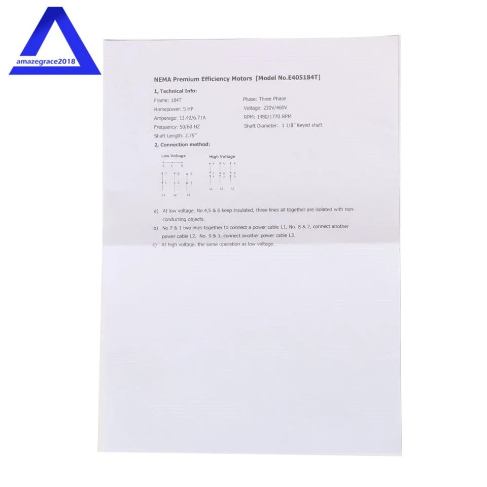 Electric Motor 5 HP 3 Phase 1800 RPM 184T Frame TEFC 230/460 Volt Severe Duty US - Image 3 of 4