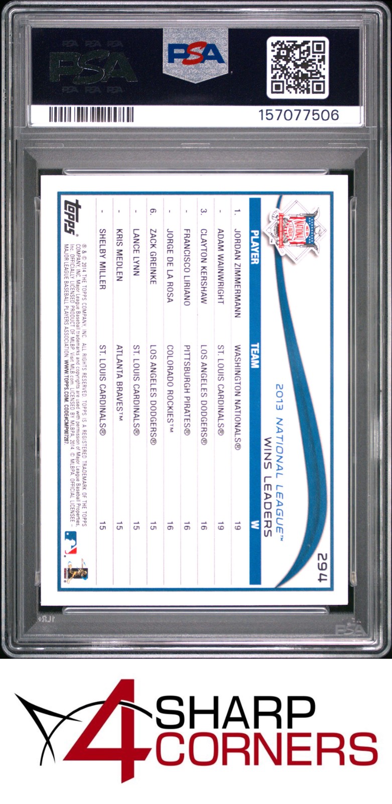 2014 TOPPS #294 CLAYTON KERSHAW DODGERS PSA 10 view 2