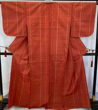 Japanese Vintage Kimono Silk Red No Lining Tumugi Traditional Length 64 in