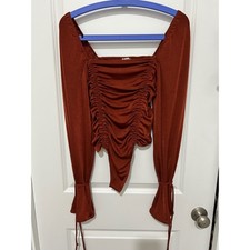 Free People Ruched Long Sleeve Bodysuit Square Neck Rust Orange Size S
