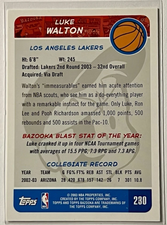 2003-04 Bazooka - Luke Walton #230 (RC) Los Angeles Lakers! - Image 2 of 2