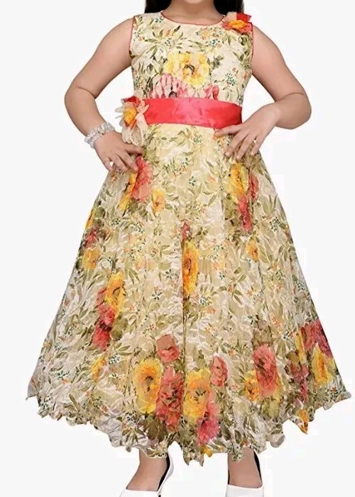 INDIAN GIRL PARTY WEAR GOWN FOR KIDS ADIVA DRESS 40(12-14) YELLOW FLORAL TULLE