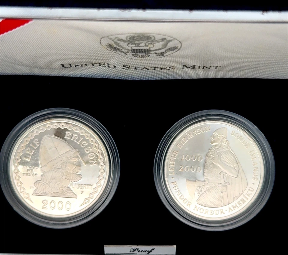 2000 US Mint Leif Ericson Millennium Commemorative 2 Coin 90% Silver Proof Set - Image 4 of 4
