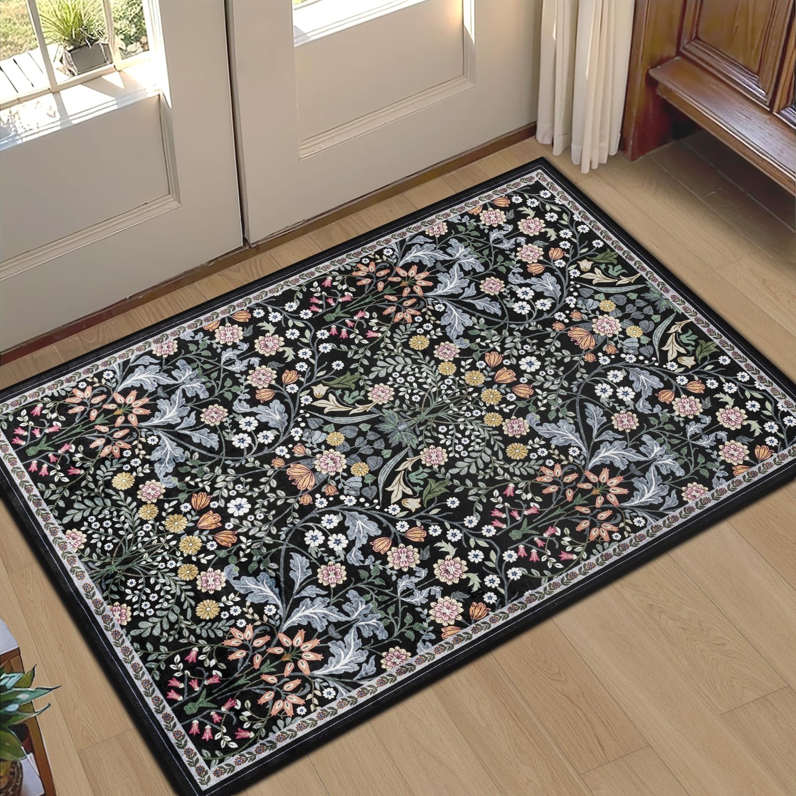 Entryway Rug 2X3 Small Rugs: Floral Washable Door Mat Vintage Soft Low Pile N...