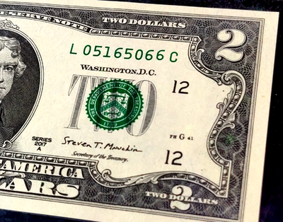 #ad 2017 GREEN SEAL L $2 DOLLAR BILL MIS PRINTED SERIAL NUMBER W HIGH 6 LAST DIGIT $4.50