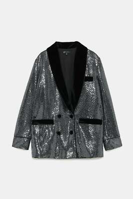ZARA WOMAN NEW SHINY SILVER SHAWL COLLAR BLAZER JACKET BLACK 8367/421  M