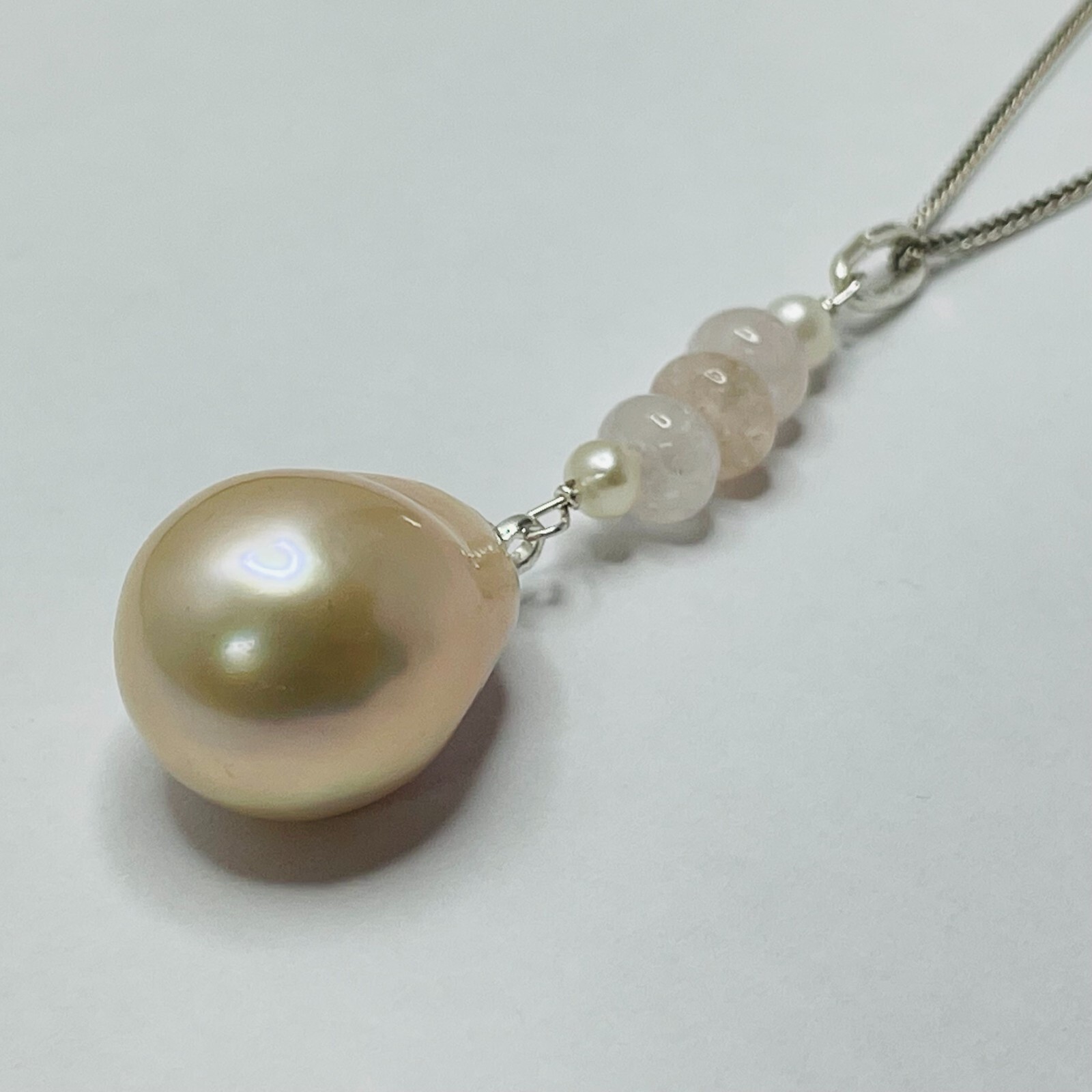Pendentif en argent 925 avec perle d'eau douce blanche et morganite véritable