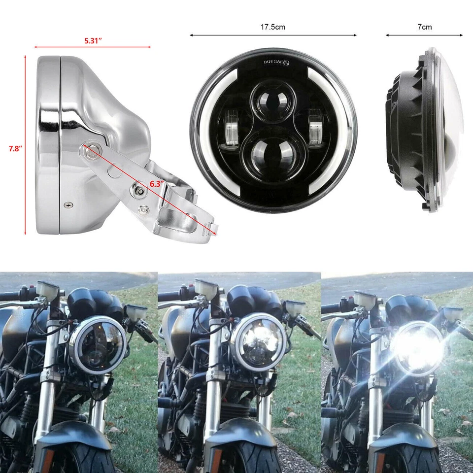 7'' Angle Eye Motorcycle LED Headlight Chrome Housing Bracket For Honda Yamaha - Image 2 of 4