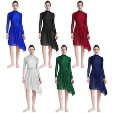 US Women's Asymmetrical Lyrical Dance Dress Glitter Long Sleeve Modern Dancewear