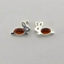 Cognac Brown BALTIC AMBER Rabbit Easter Bunny Earrings 925 STERLING SILVER 5076