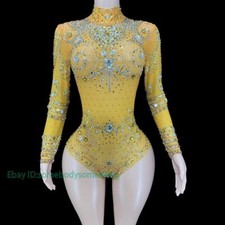 Women Rhinestone Crystals Long Sleeve Mesh Bodysuit Dance Costume Stage Wear HOT