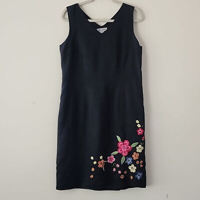 MV Linen Black Floral Embroidered Shift Knee Length Dress M