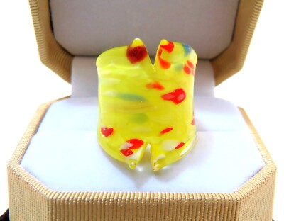 Art Deco Yellow w/ Fiery Red &  Blue Splash Hand Blown Glass Bling Ring size 6.5