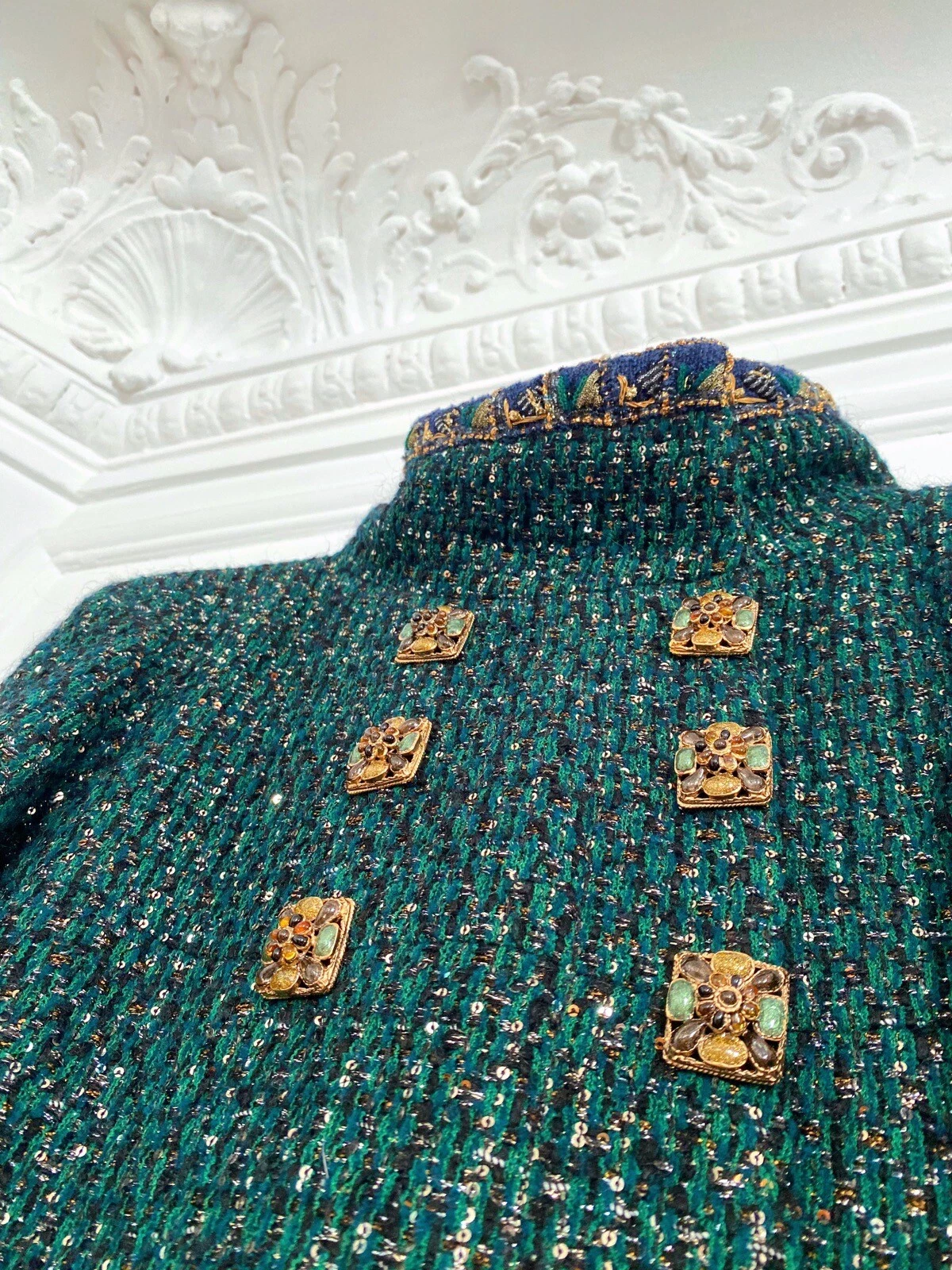 Cappotto Giacca CHANEL 11A Pre Fall BIZANCE Fantasy Tweed Ricamata Verde FR 36 38