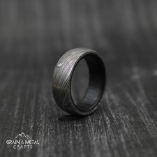 Damascus Steel Black Wood Ring, Men Damascus Steel Wedding band