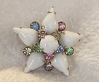 Vtg Milk Glass Flower Pastel Color Pronged Rhinestones Riveted MCM Retro Brooch