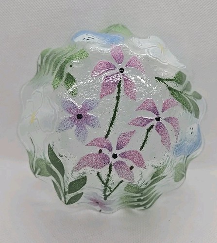 Plato de baratija floral transparente firmado con flores de primavera con volantes de vidrio artístico fundido - Imagen 5 de 8