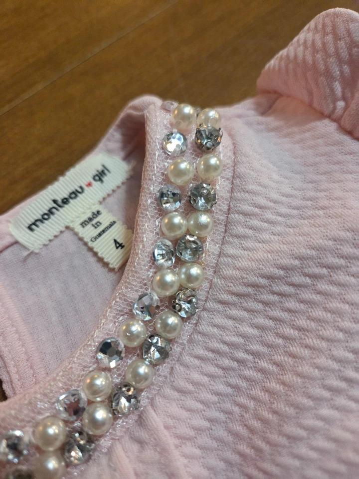 Vestido Monteau Rosa Claro Estrás Perla Manga Gorra Niñas Talla 4 Foto 2 de 4
