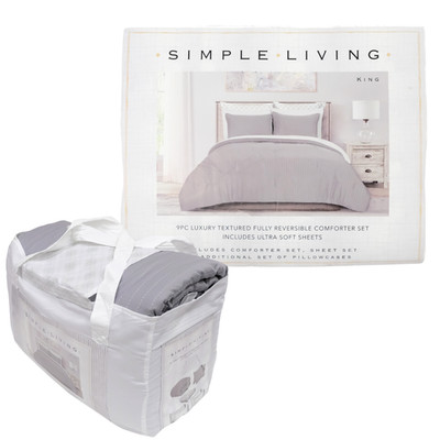 SIMPLE LIVING 9pc KING SIZE Luxury Textured Reversible Comforter Set GRAY