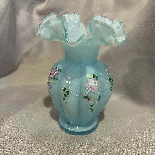 Vintage Fenton Blue  Ruffle Edge Vase - Signed 5 1/2” Tall