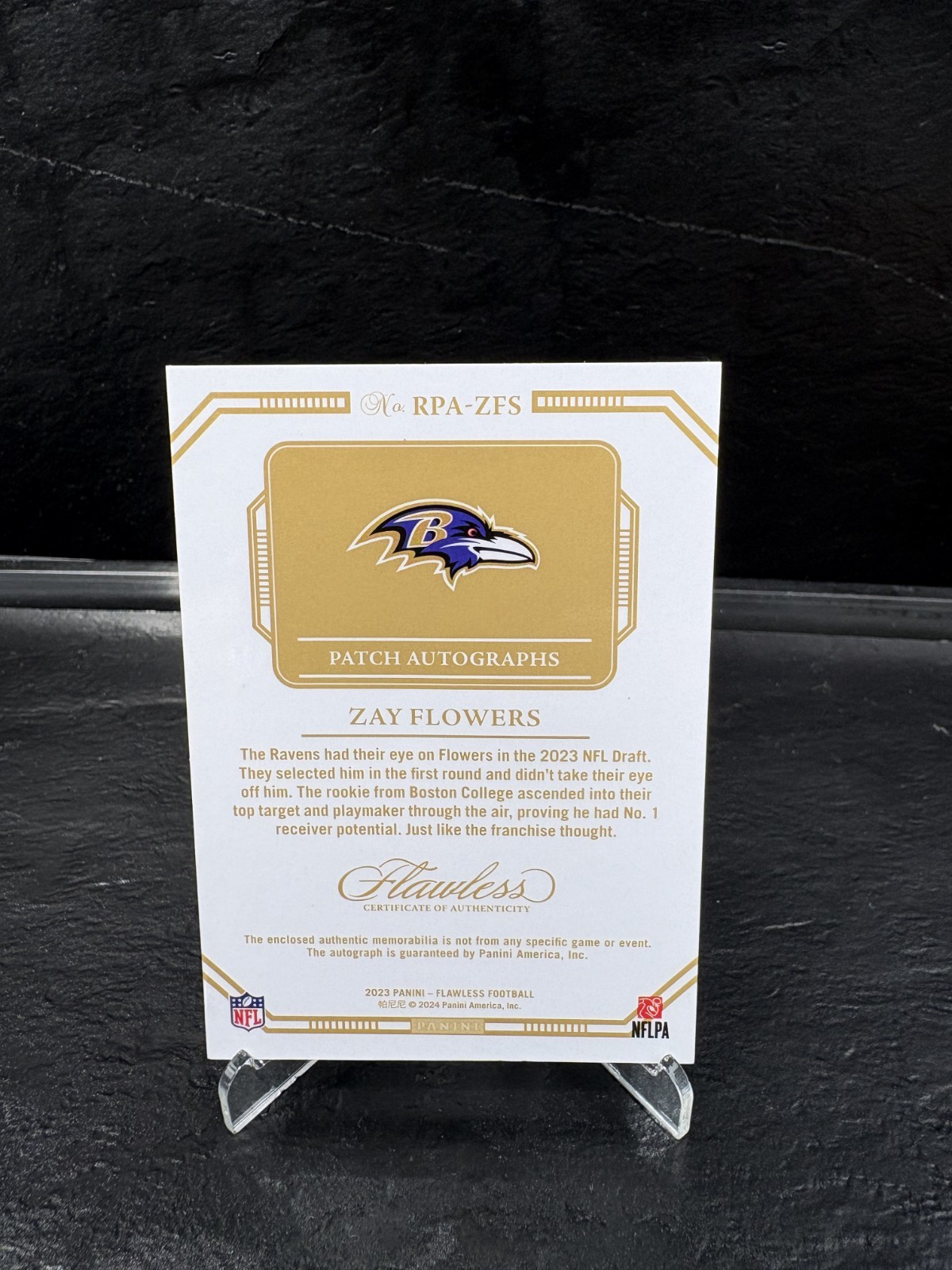 2023 Panini Flawless Zay Flowers Rookie Patch Auto Silver /20 view 2