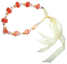 Real pearls, cherry quartz gem Art Deco style organza ribbon chic femme bracelet