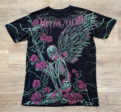 Affliction Morning Epilogue Tee Shirt Skeleton Wing Pink Roses Scythe Mens Large