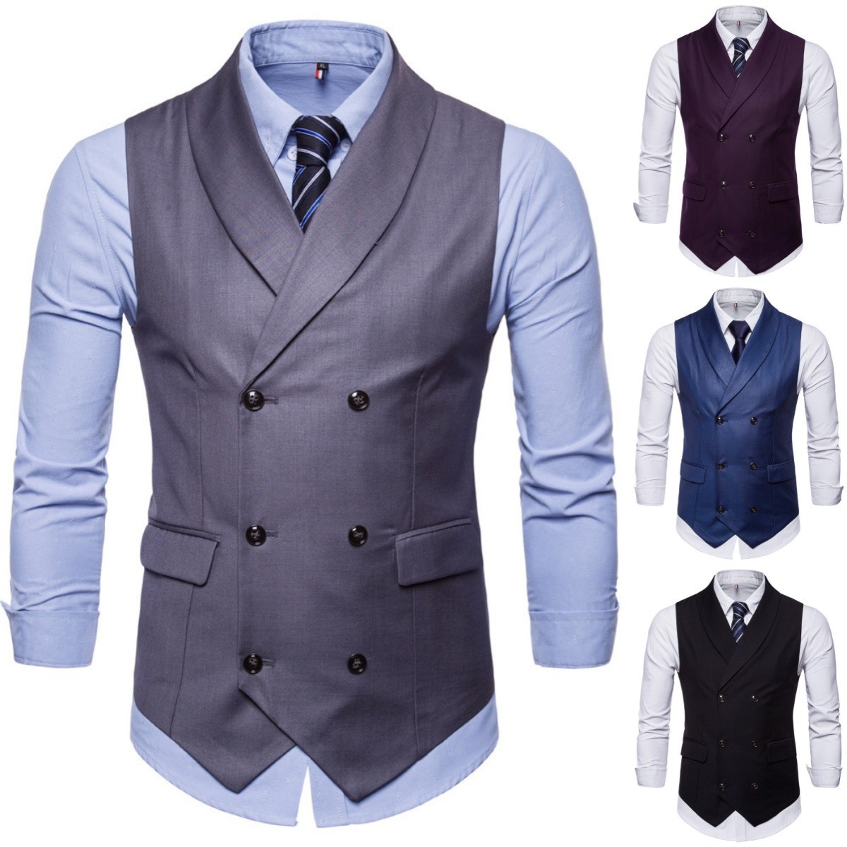 Men's Suit Vests Shawl Lapel Double Breasted Wedding Formal Business Waistcoat