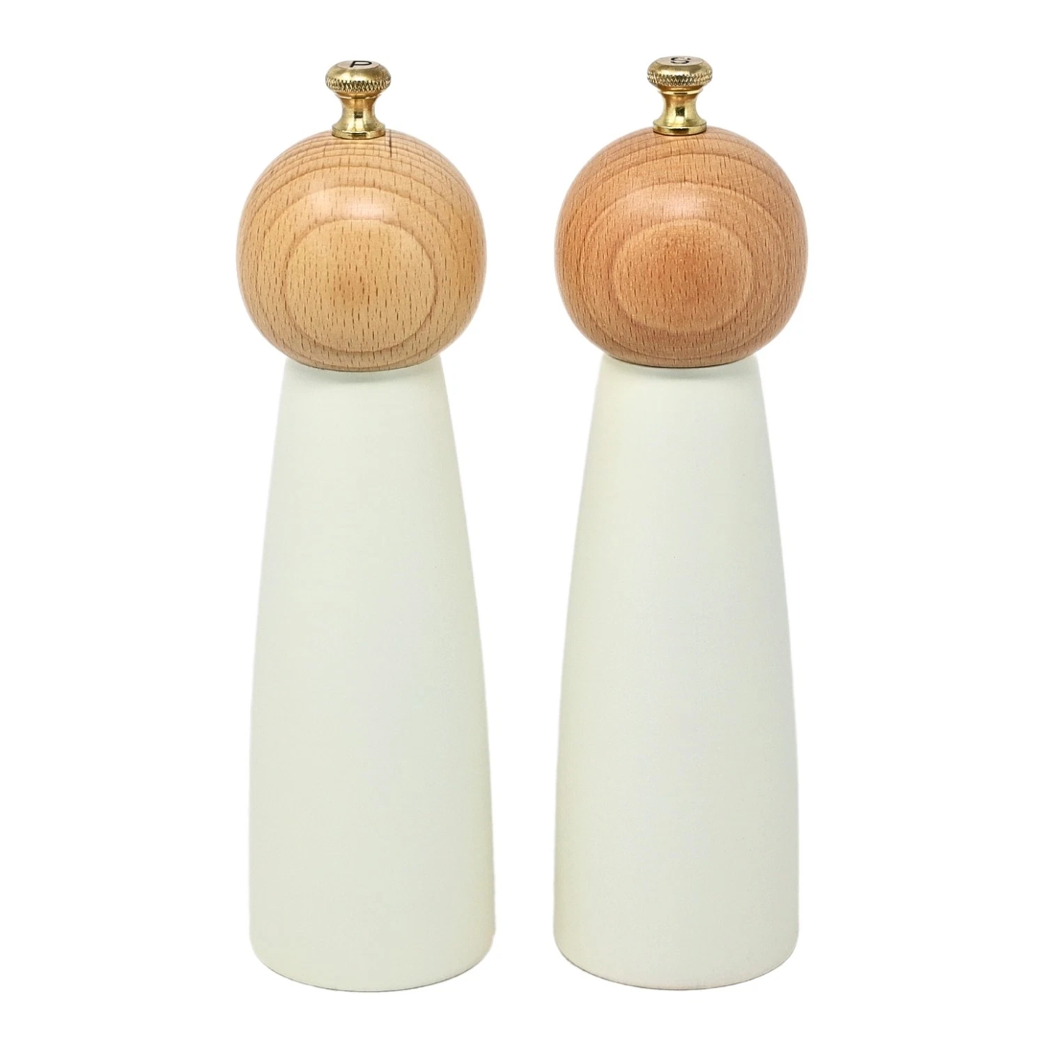 Salt & Pepper Mill 20cm Cream Wood Manual Grinder Golden Knob Shakers 2pcs Set